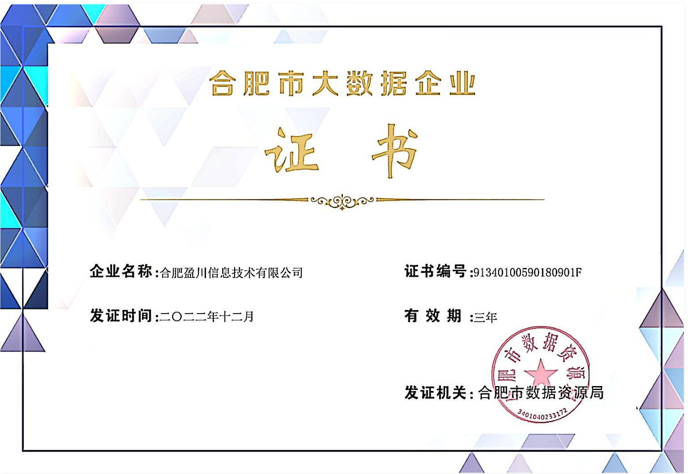 合肥市大数据企业荣誉证书